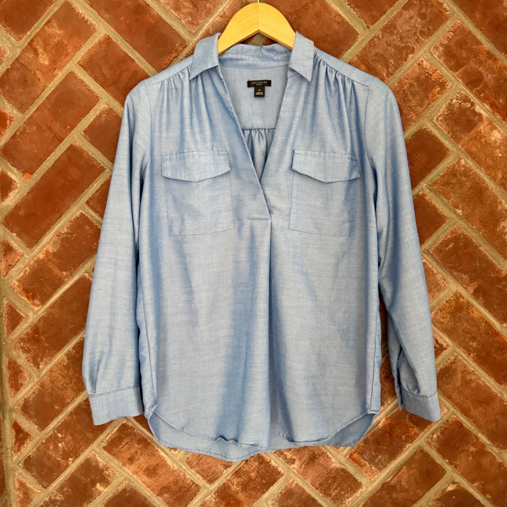Ann Taylor Blouse Women Small Petite Blue Long Sleeve Split Neck Flap Pocket